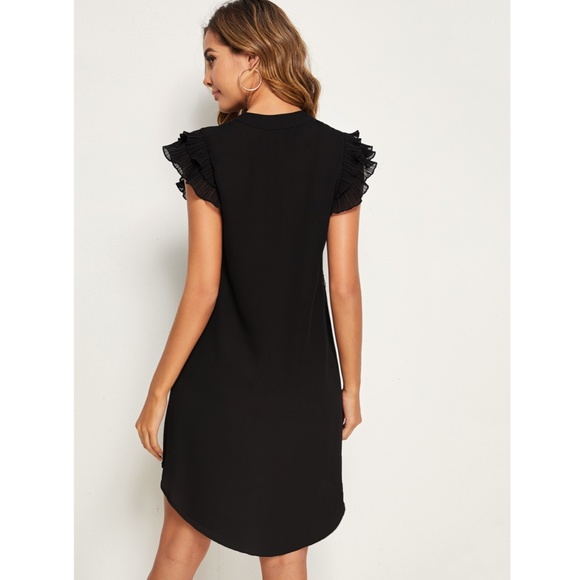 Ruffle Detail Belted V-Neck Black Mini Dress - Picture 4 of 8
